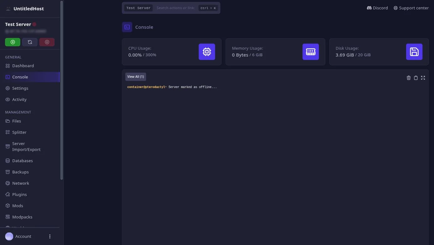 The live console of a real server on the panel