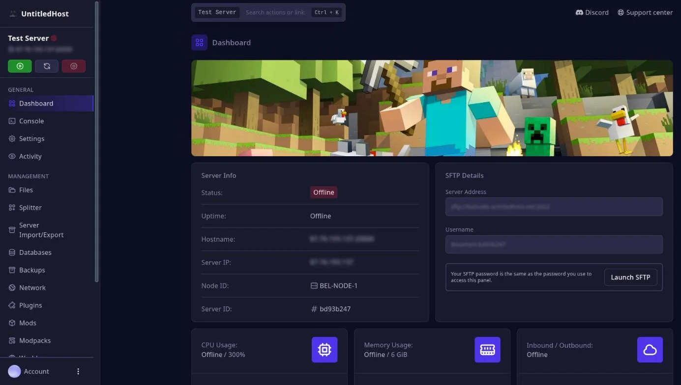 A server dashboard on the panel